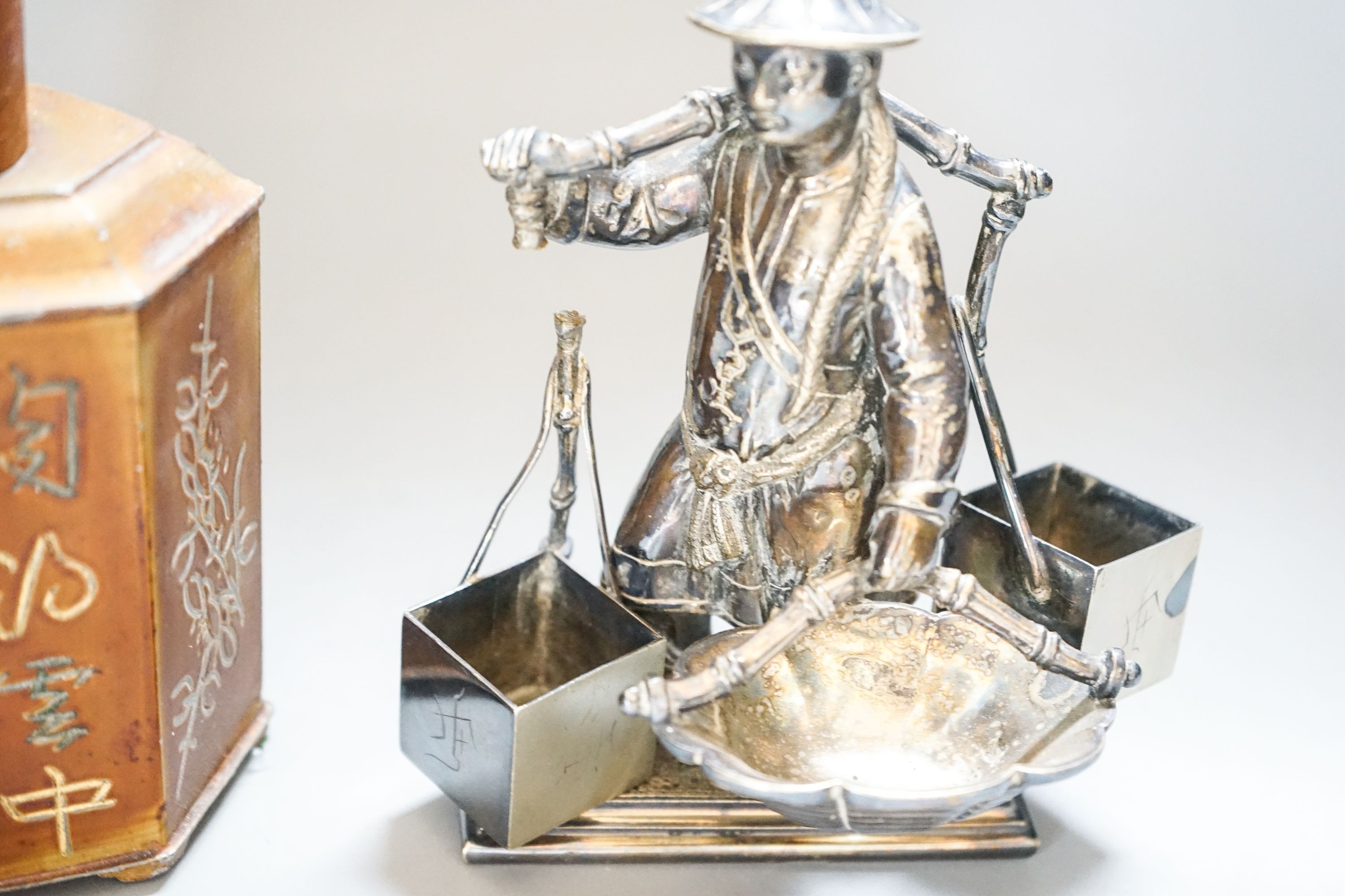 A Chinese pewter tea caddy and Chinese figure 16cm